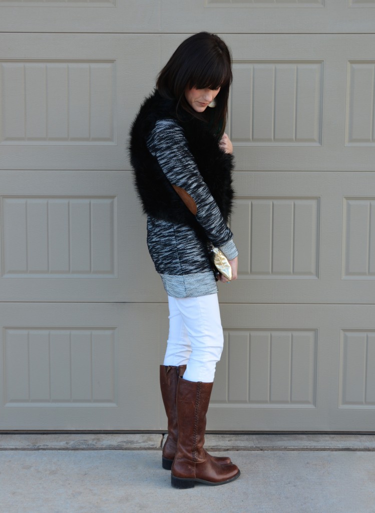 Casual Friday Link Up // Fur Vest // Leather Elbow Patches // Metallic Gold // White Skinnies // Riding Boots // Druzy
