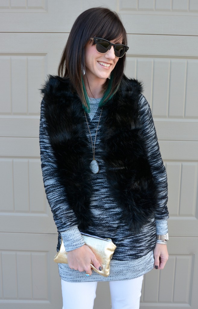 Casual Friday Link Up // Fur Vest // Leather Elbow Patches // Metallic Gold // White Skinnies // Riding Boots // Druzy