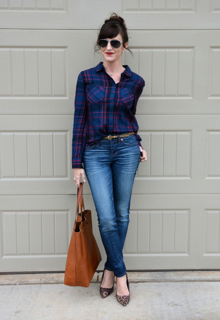 Casual Friday Link Up for Fall Style:  Skinnies and Tote from @madewell, plaid shirt from @shopfrancescas, leopard heels from @target